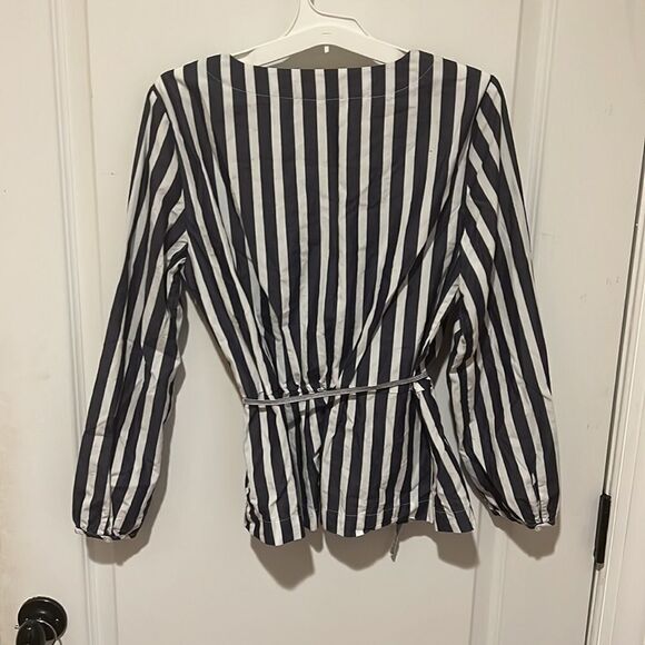 J Crew Blue and White Striped Peplum Tie Waist Blouse - Picture 7 of 7